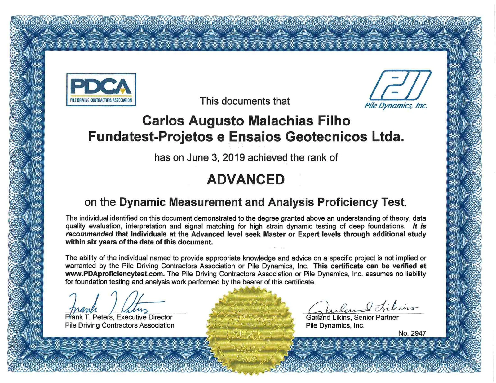 Certificado Advanced no teste de proficiência da Pile Dynamics e PDCA
